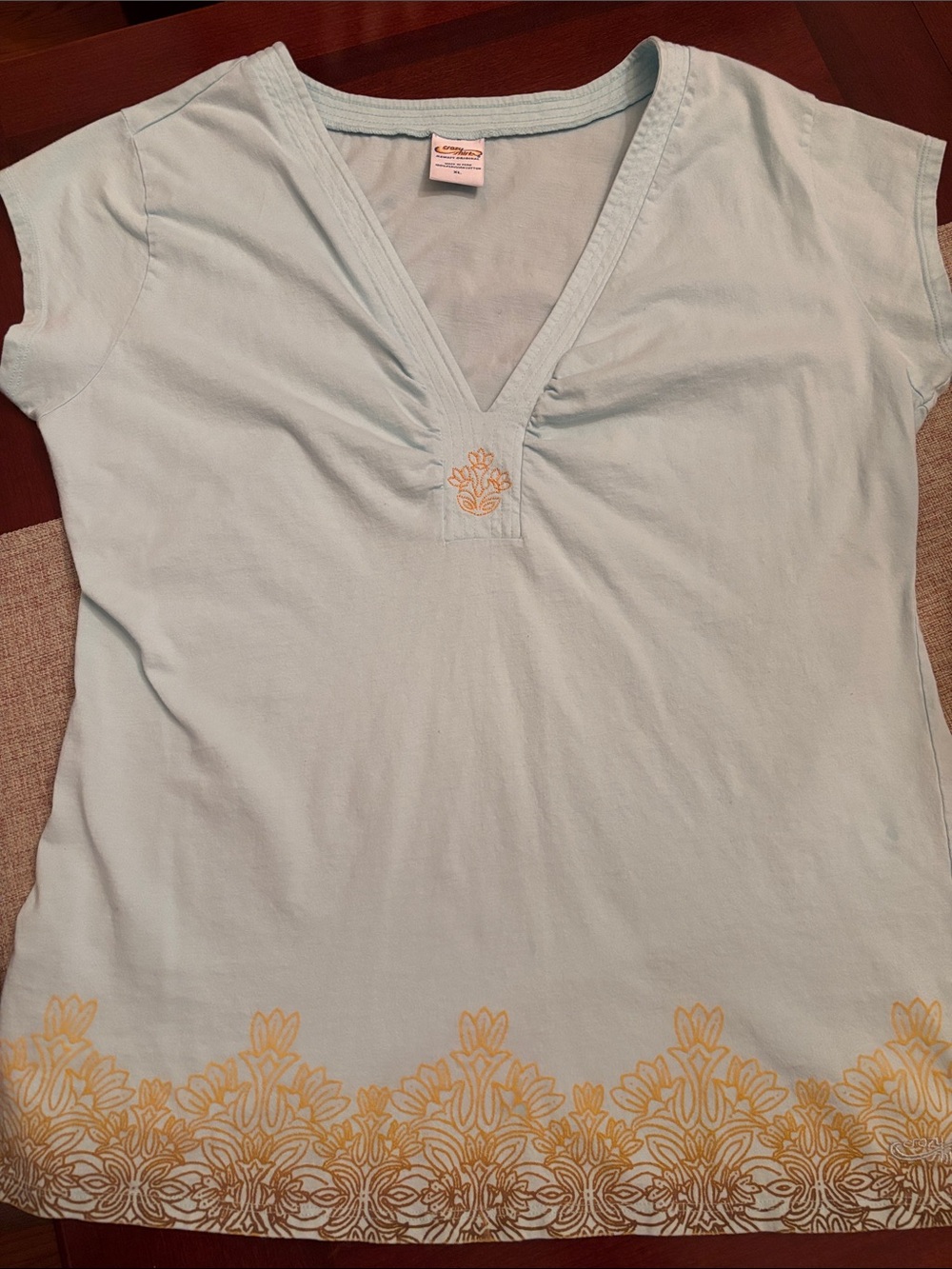 Light Blue Aqua Embroidered V-Neck Women's Top